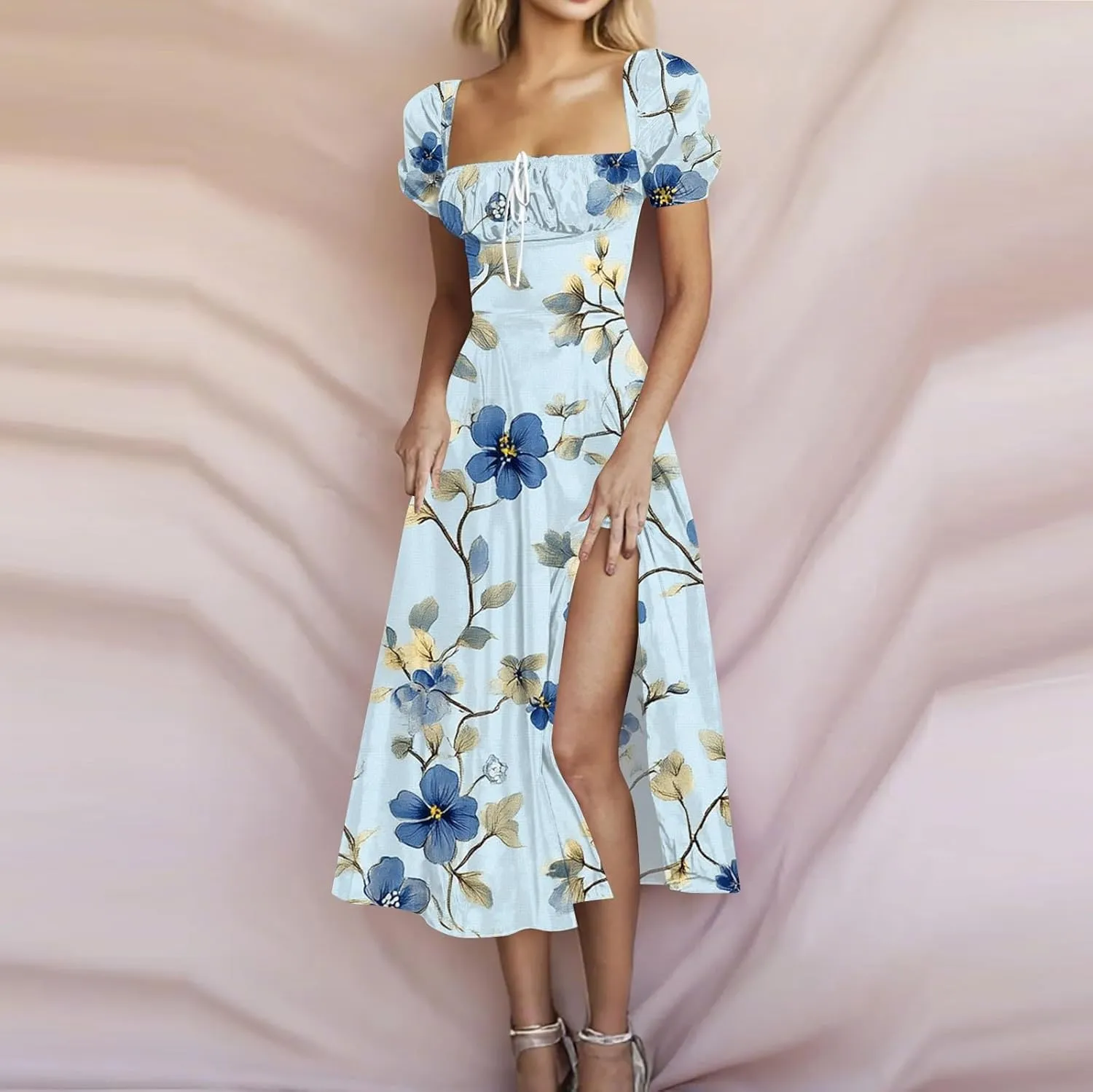 Midi Dresses for Women Summer Puff Sleeve Square Neck A Line Floral Dress for Wedding Ruched High Waist Split Dresses