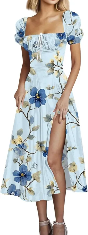 Midi Dresses for Women Summer Puff Sleeve Square Neck A Line Floral Dress for Wedding Ruched High Waist Split Dresses