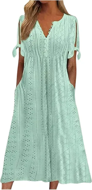 Midi Dresses for Women Wedding Guest Sexy V Neck Cold Shoulder Trendy Plus Size Button Up Short Sleeve Summer Dress