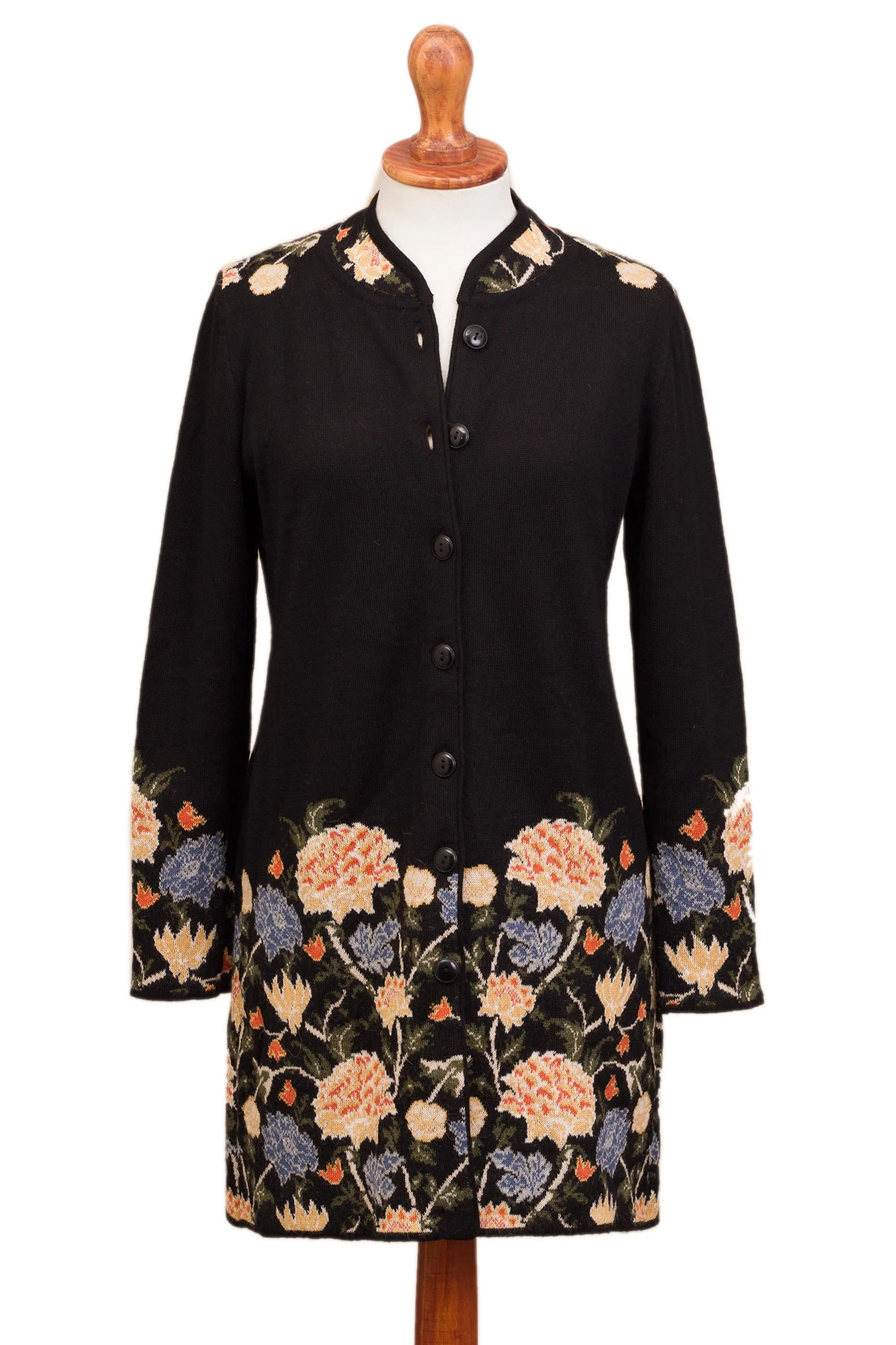 Midnight Floral Floral Pattern Knit 100% Baby Alpaca Long Cardigan from Peru