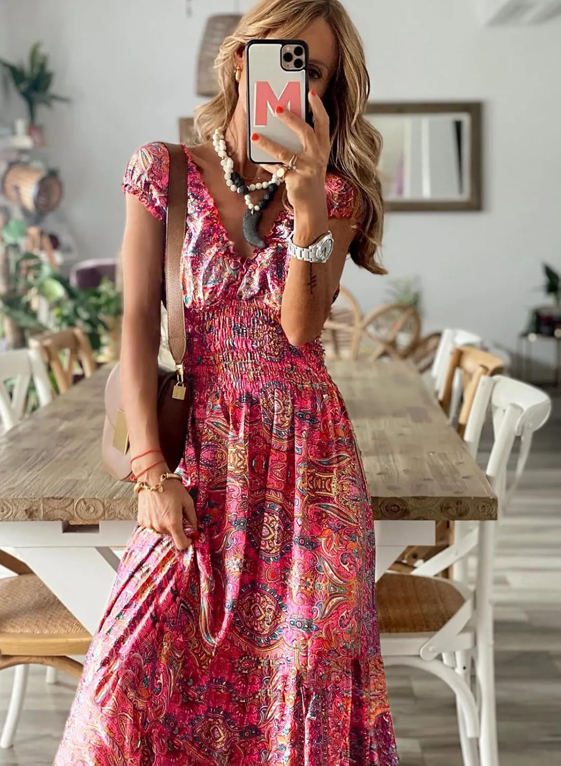 miduo Womens Summer Casual Floral V Neck Short Puff Sleeve Bohemian Print Smocked High Waist Maxi Long Dresses