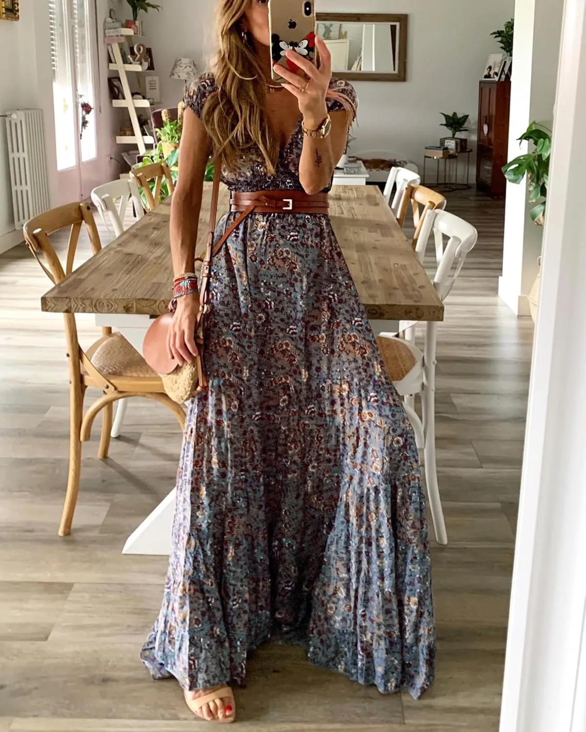 miduo Womens Summer Casual Floral V Neck Short Puff Sleeve Bohemian Print Smocked High Waist Maxi Long Dresses