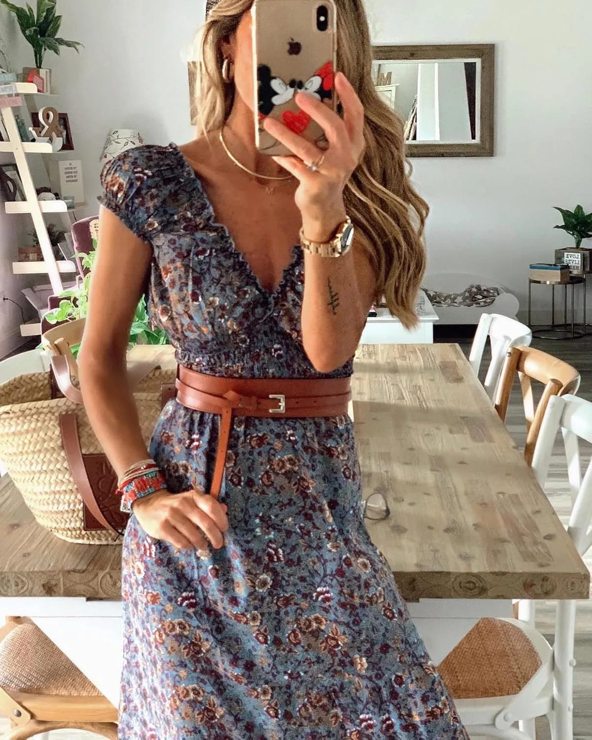 miduo Womens Summer Casual Floral V Neck Short Puff Sleeve Bohemian Print Smocked High Waist Maxi Long Dresses