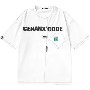 Minimalist Cartoon Sticker Letter Print Fake Pocket T-Shirt