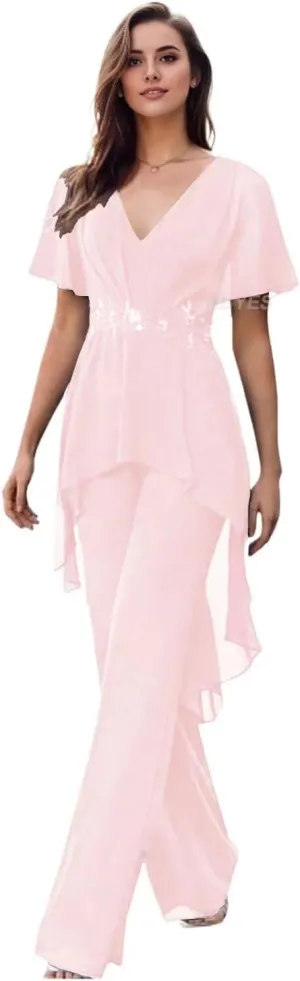 Mother of The Bride Pantsuits for Wedding Chiffon V Neck Formal Outfits with Sleeves