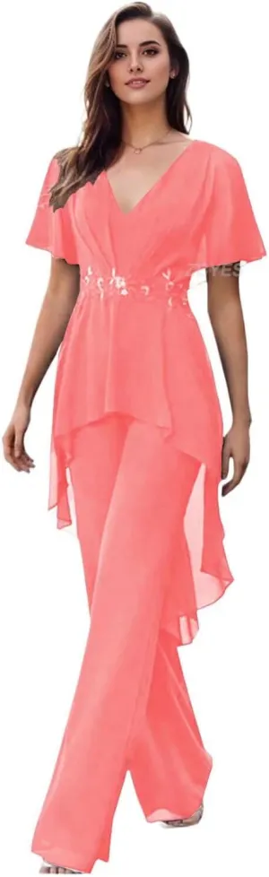 Mother of The Bride Pantsuits for Wedding Chiffon V Neck Formal Outfits with Sleeves