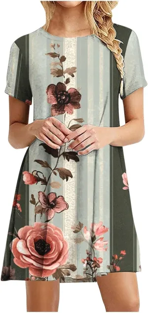 NaRHbrg Womens Short Sleeve Plus Size T-Shirt Dress Summer Casual Dress Loose Swing A-Line Summer Tunic Dresses with Pockets