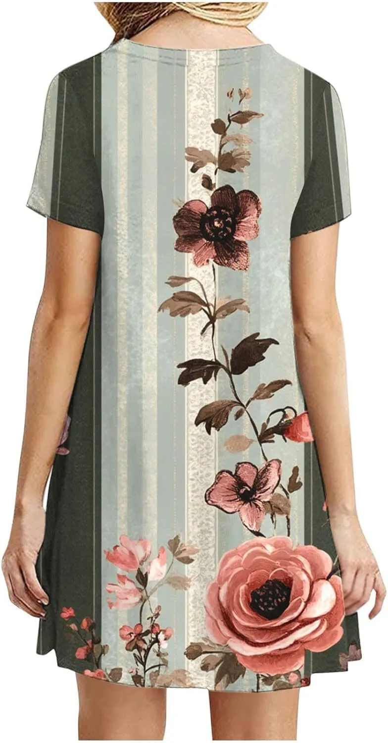NaRHbrg Womens Short Sleeve Plus Size T-Shirt Dress Summer Casual Dress Loose Swing A-Line Summer Tunic Dresses with Pockets