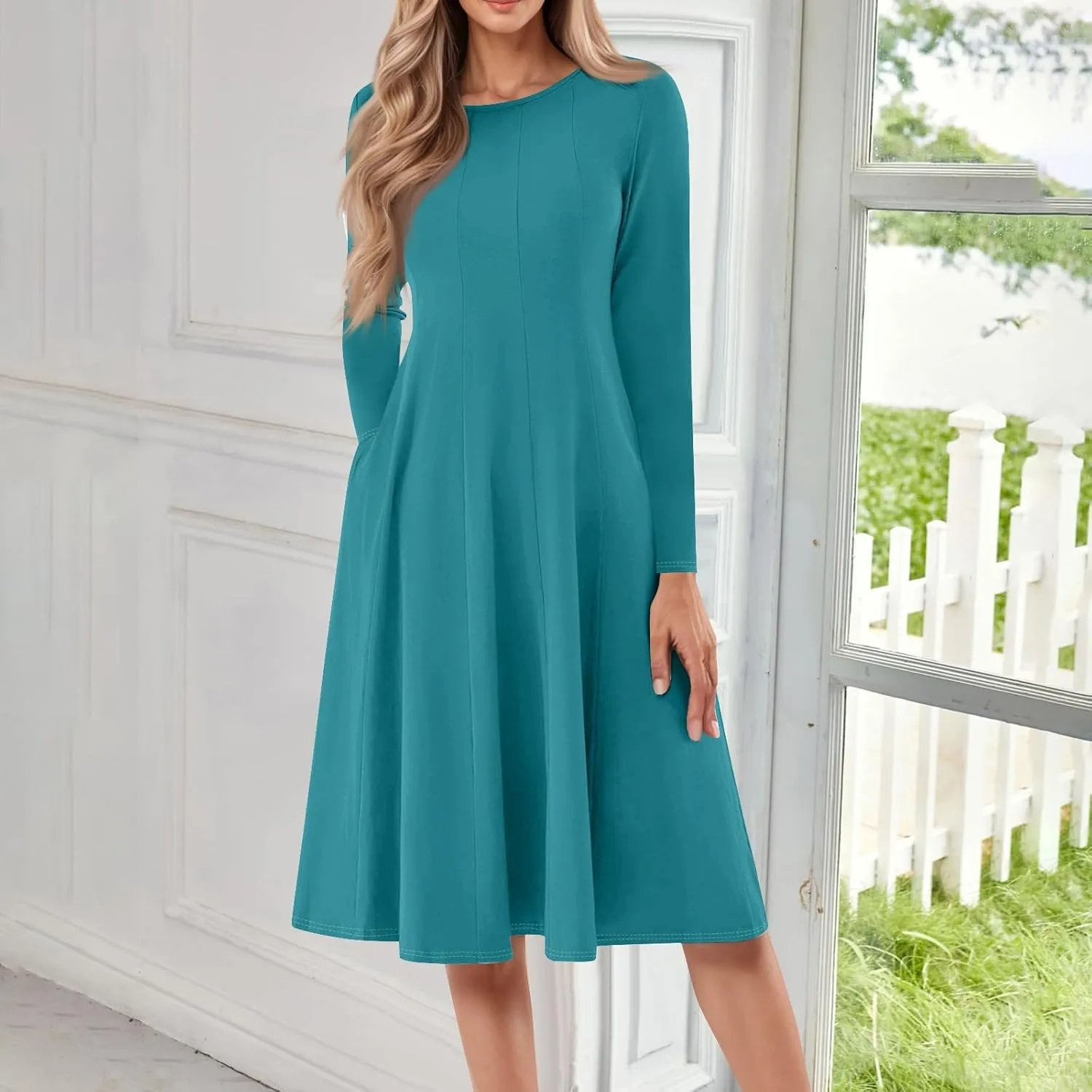 NBXNZWF Women Long Sleeve Midi Dresses Fall Winter Casual Crewneck Dress Plus Size Solid Color Pleated Dress with Pockets
