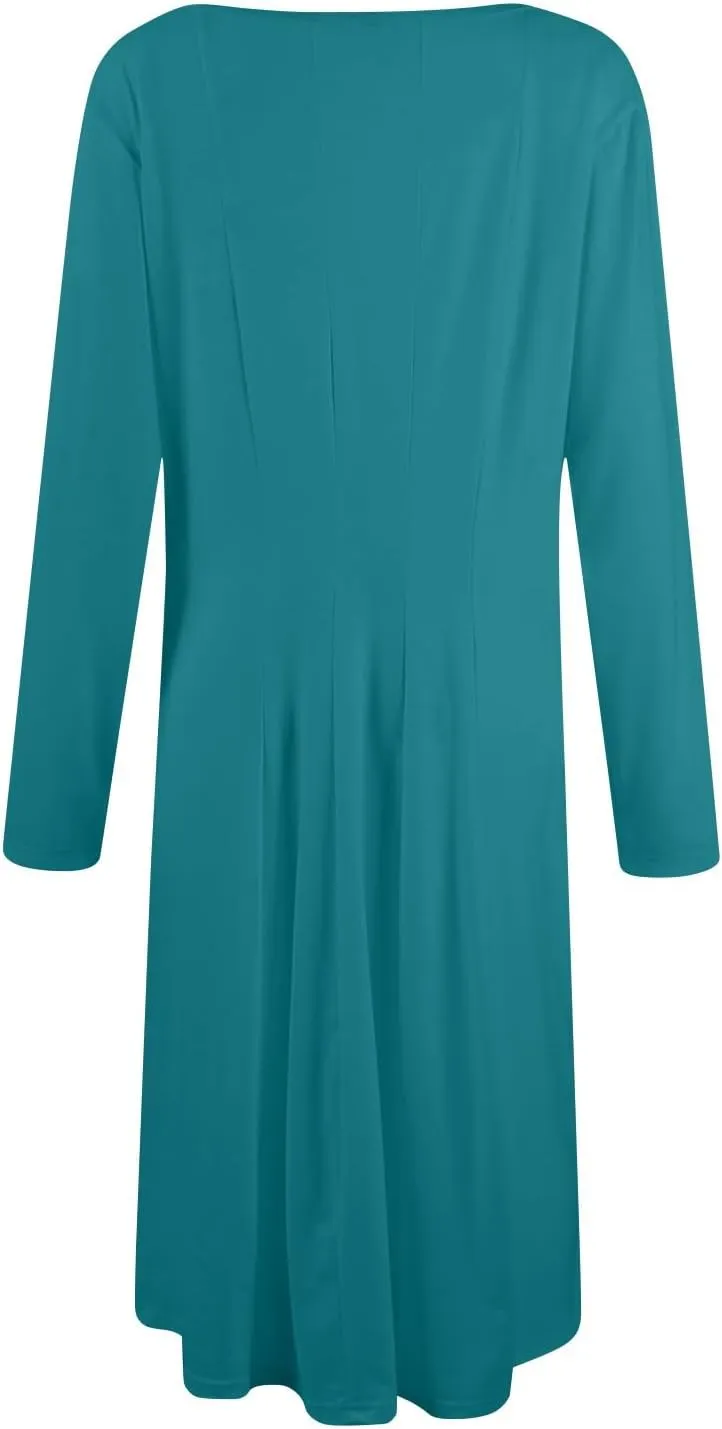 NBXNZWF Women Long Sleeve Midi Dresses Fall Winter Casual Crewneck Dress Plus Size Solid Color Pleated Dress with Pockets
