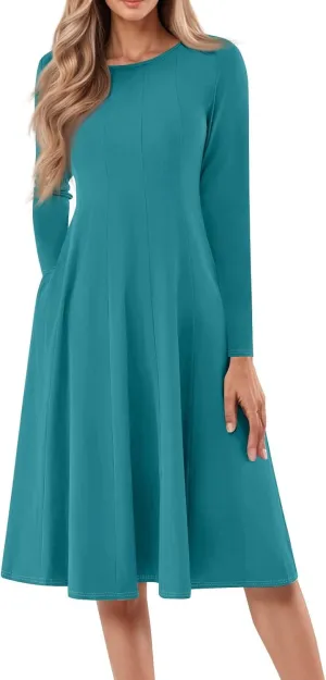 NBXNZWF Women Long Sleeve Midi Dresses Fall Winter Casual Crewneck Dress Plus Size Solid Color Pleated Dress with Pockets