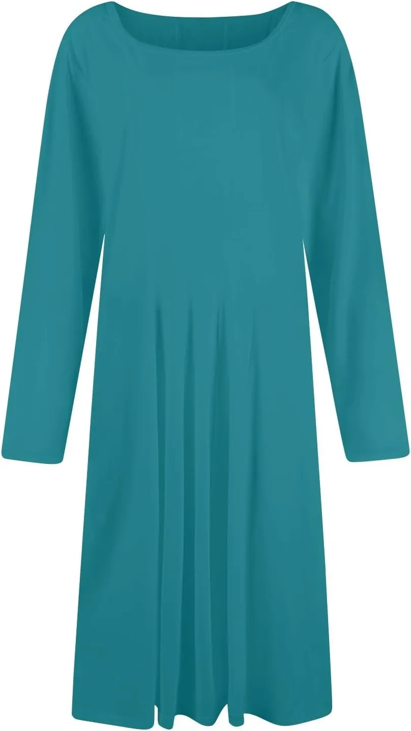 NBXNZWF Women Long Sleeve Midi Dresses Fall Winter Casual Crewneck Dress Plus Size Solid Color Pleated Dress with Pockets