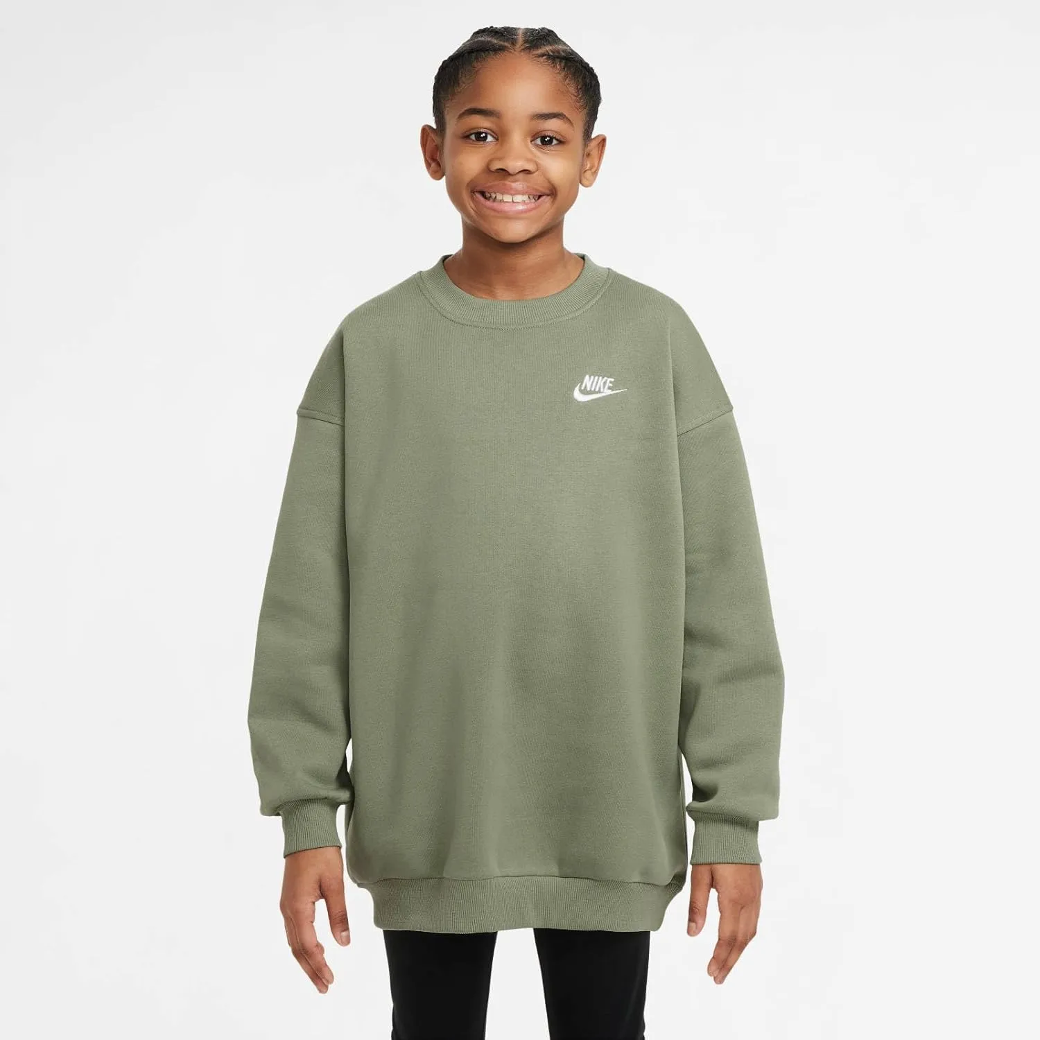 Nike Sportswear Club Fleece Big Kids' (Girls') Oversized Sweatshirt (FD2923-386, Oil Green/White)
