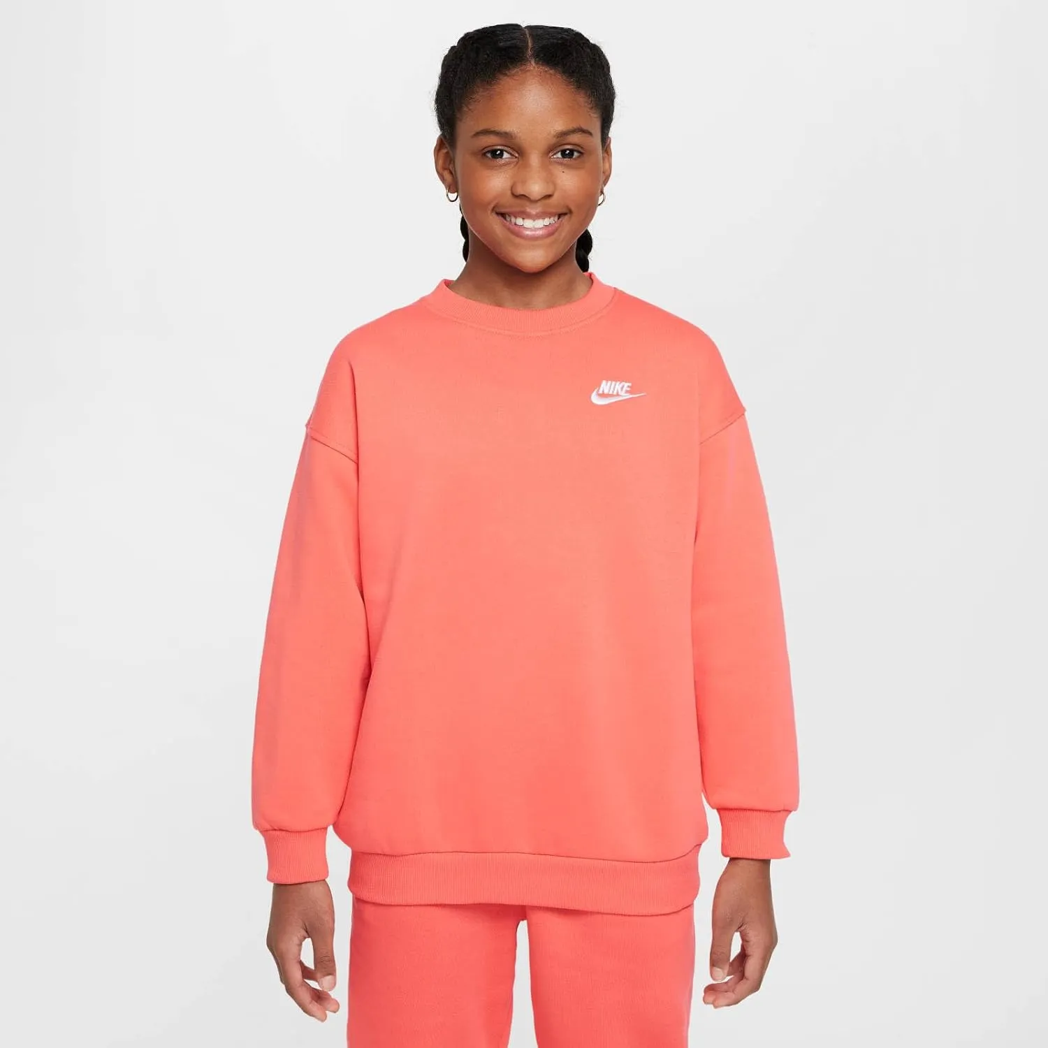Nike Sportswear Club Fleece Big Kids' (Girls') Oversized Sweatshirt (FD2923-814, Magic Ember/White)