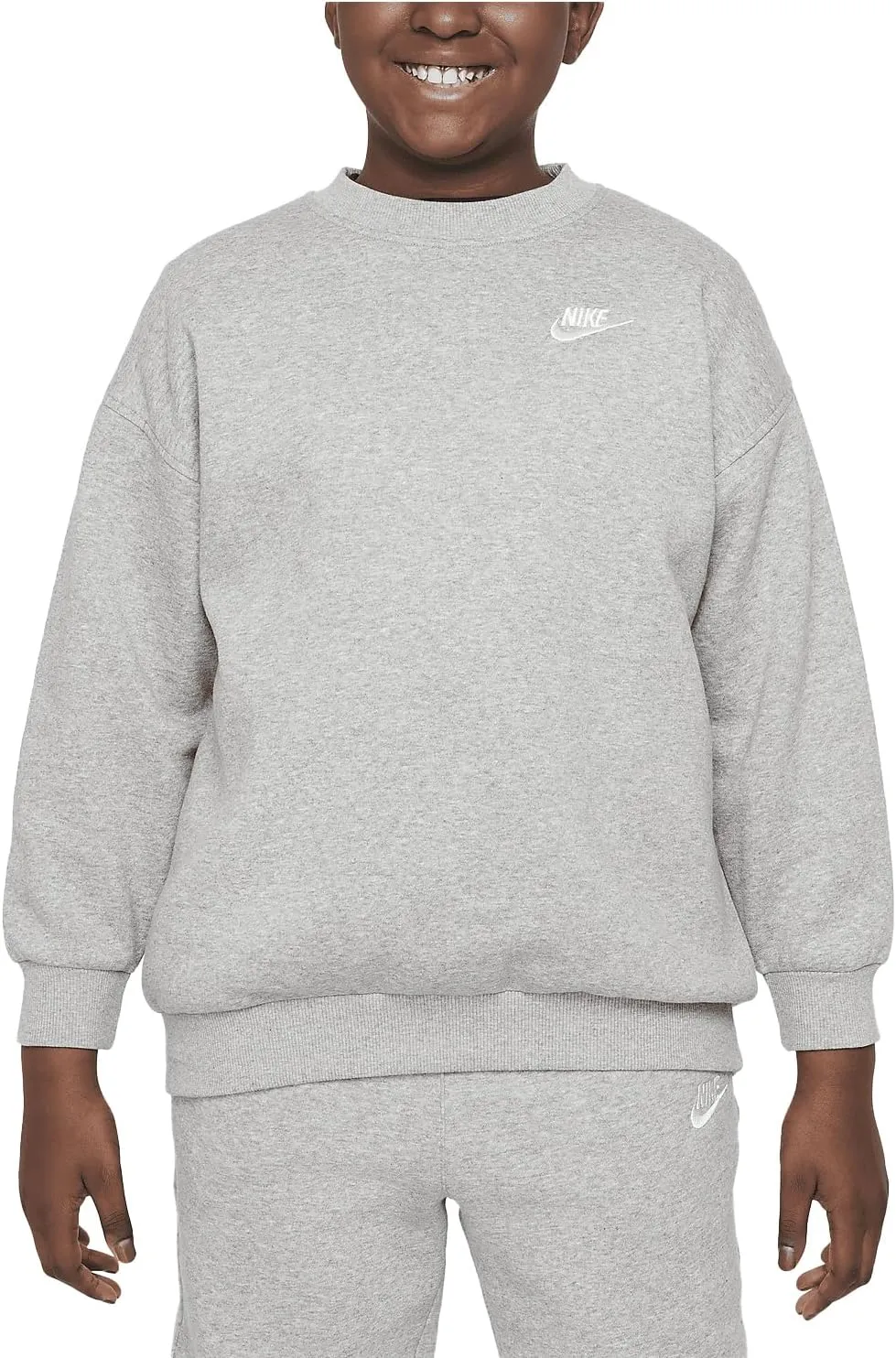 Nike Sportswear Club Fleece Big Kids' (Girls') Oversized Sweatshirt (FD2924-063, Dark Grey Heather/White)