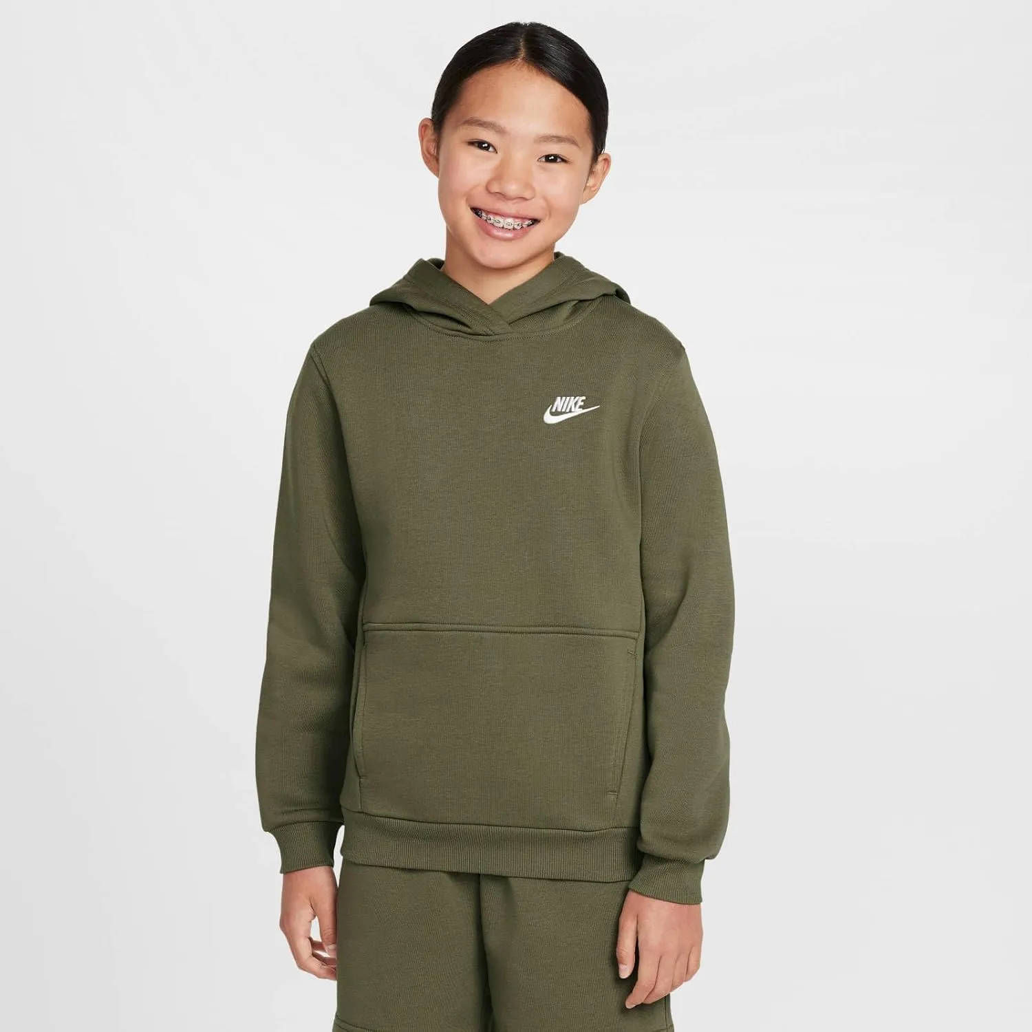 Nike Sportswear Club Fleece Big Kids' Pullover Hoodie (FD3000-222, Medium Olive/White)