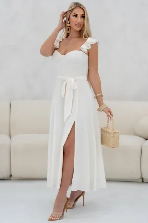 Off White Padded Underwire Belted Ruffle Slit Dress