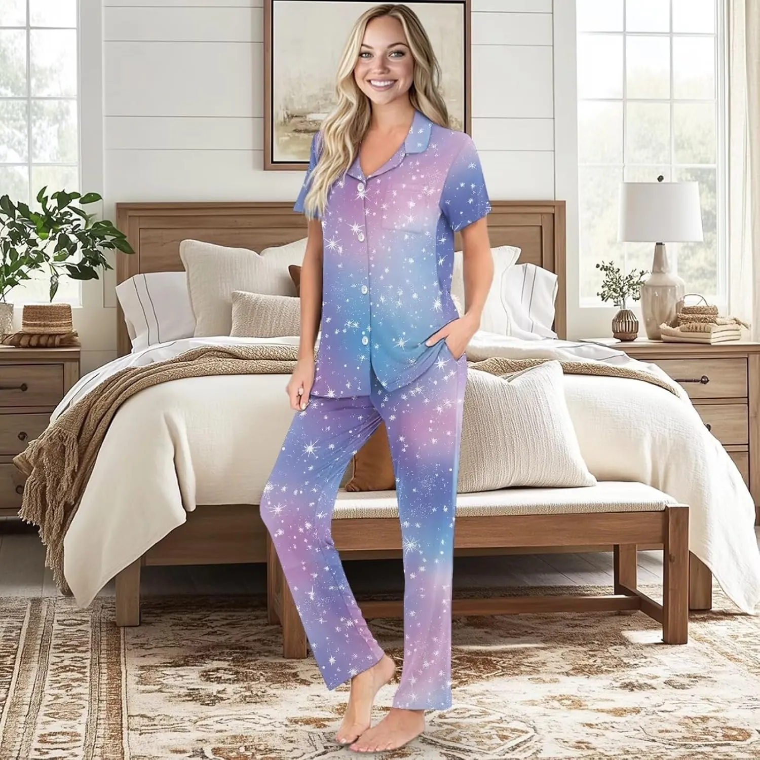 Pajama Set Women's PJs Summer Sleepwear Button Down Top Long Pant with Pockets Ladies Homewear Nightwear