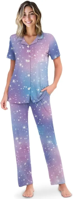 Pajama Set Women's PJs Summer Sleepwear Button Down Top Long Pant with Pockets Ladies Homewear Nightwear
