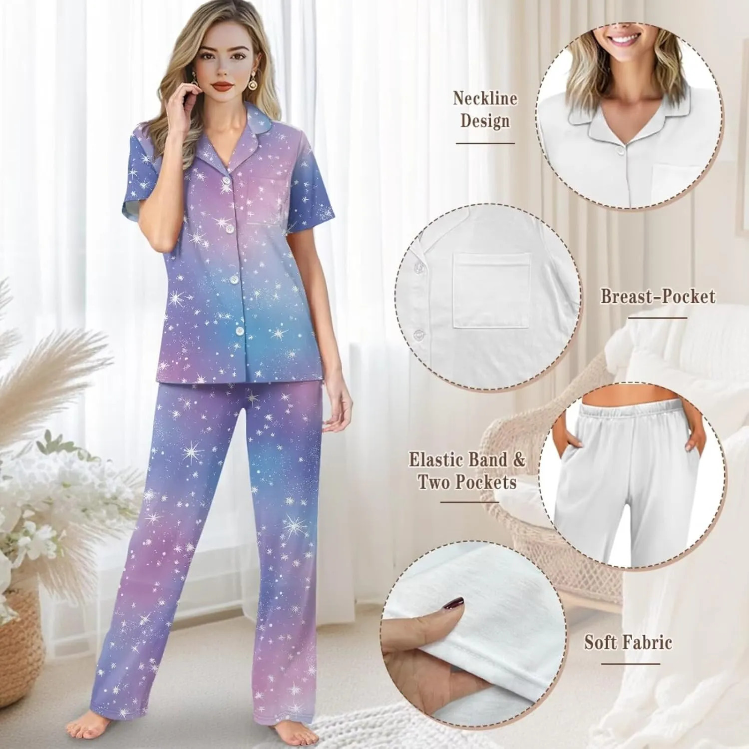 Pajama Set Women's PJs Summer Sleepwear Button Down Top Long Pant with Pockets Ladies Homewear Nightwear