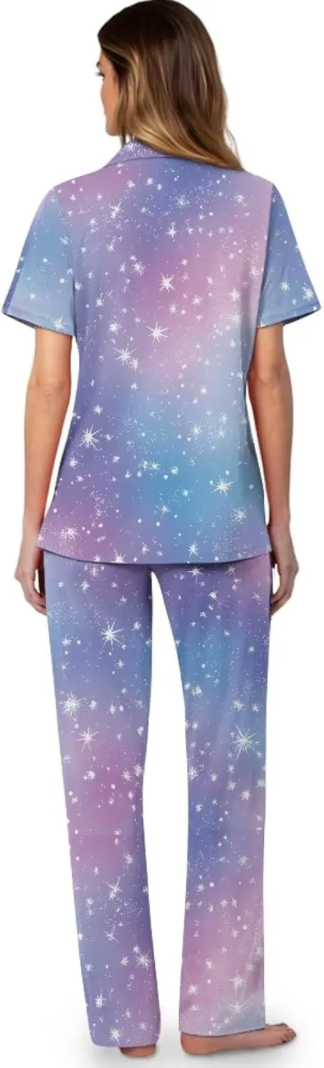 Pajama Set Women's PJs Summer Sleepwear Button Down Top Long Pant with Pockets Ladies Homewear Nightwear