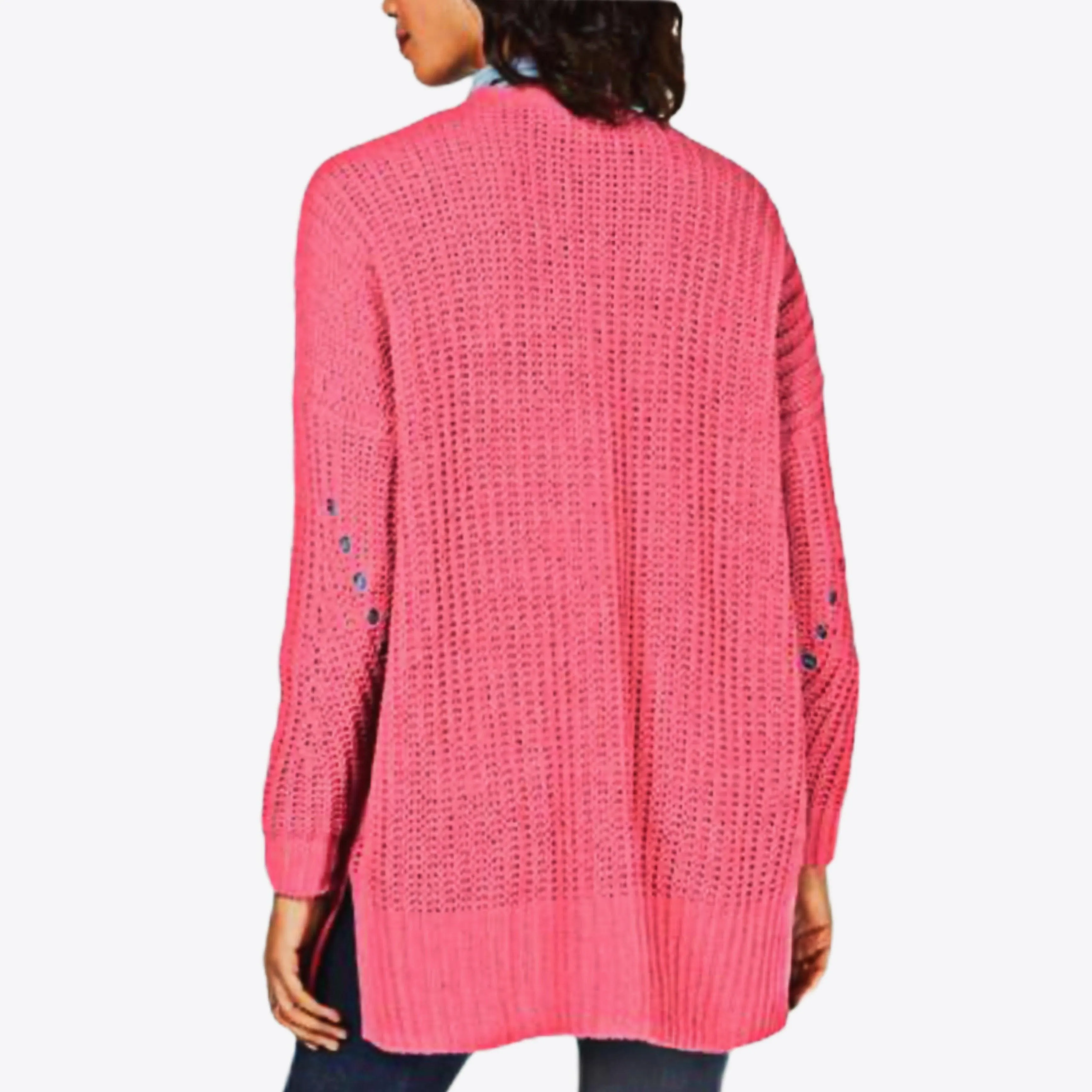 Pink Open Front Pockets Mid Length Knit Cardigan
