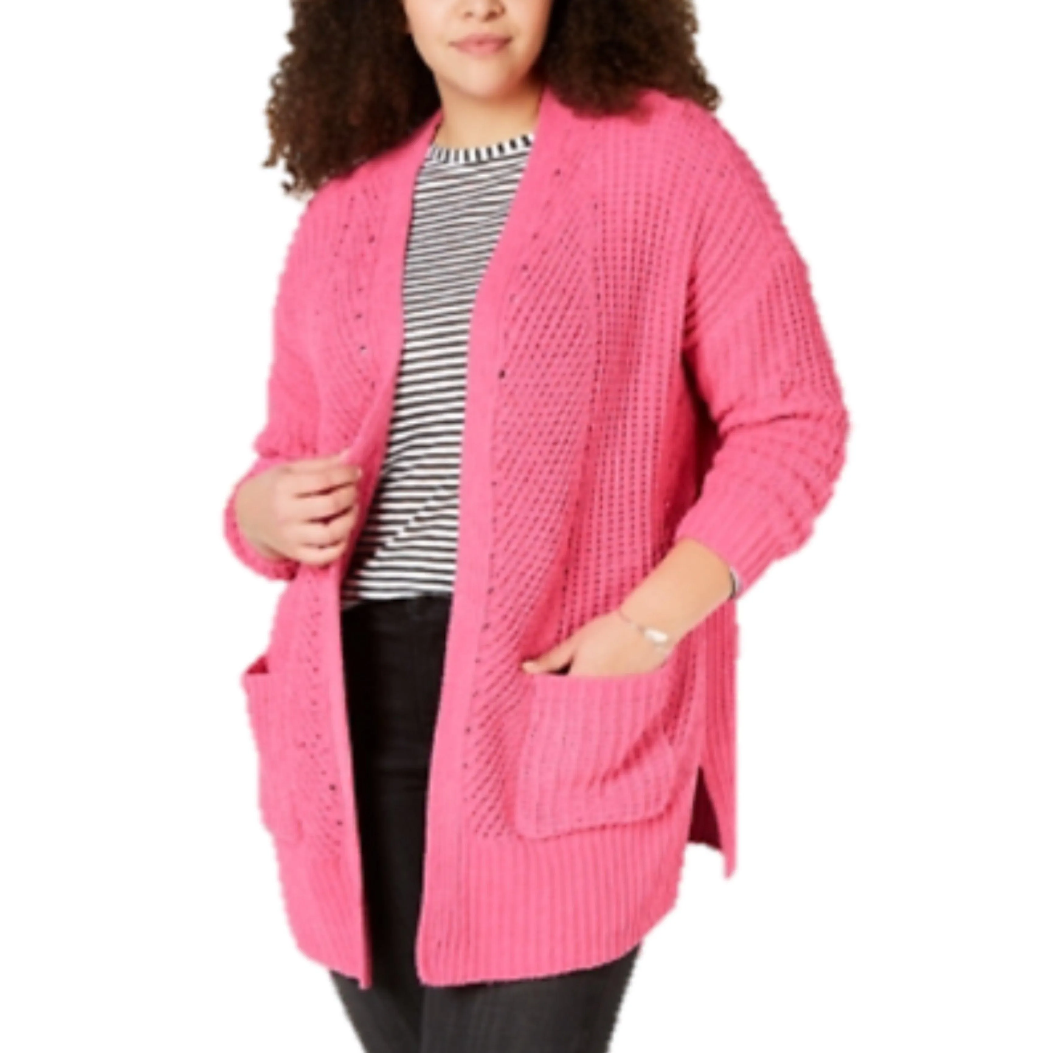 Pink Open Front Pockets Mid Length Knit Cardigan