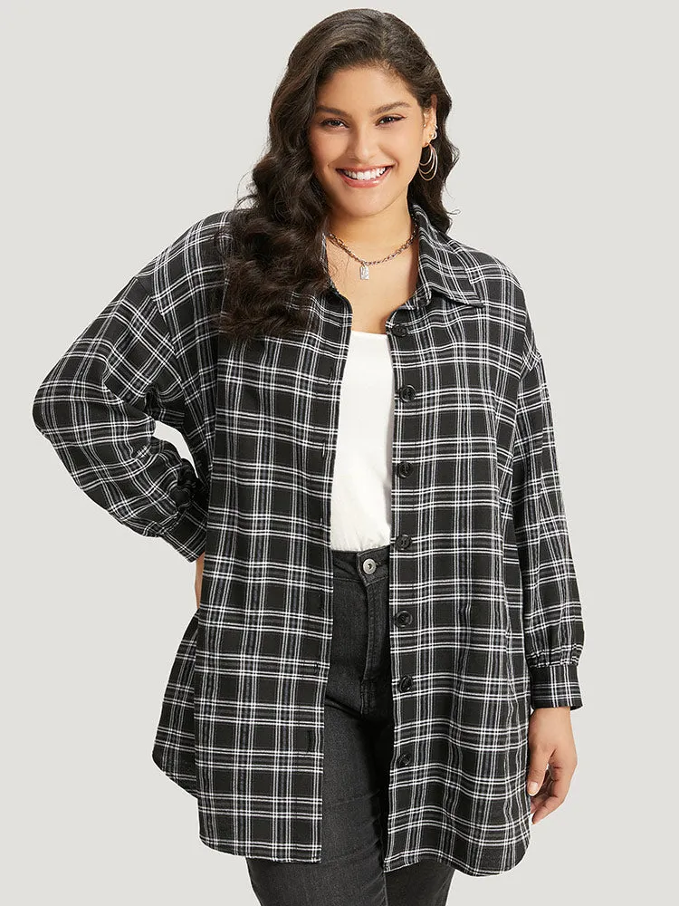 Plaid Button Fly Curved Hem Shirt Collar Coat