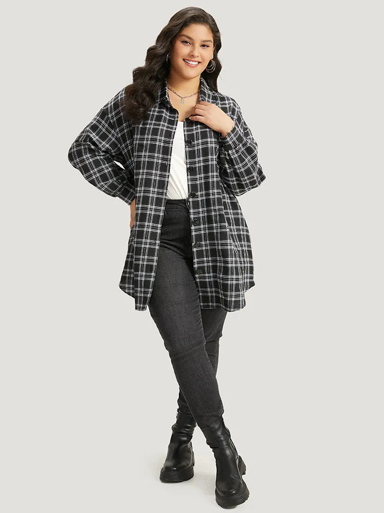 Plaid Button Fly Curved Hem Shirt Collar Coat
