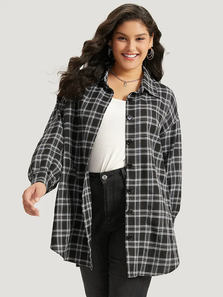 Plaid Button Fly Curved Hem Shirt Collar Coat