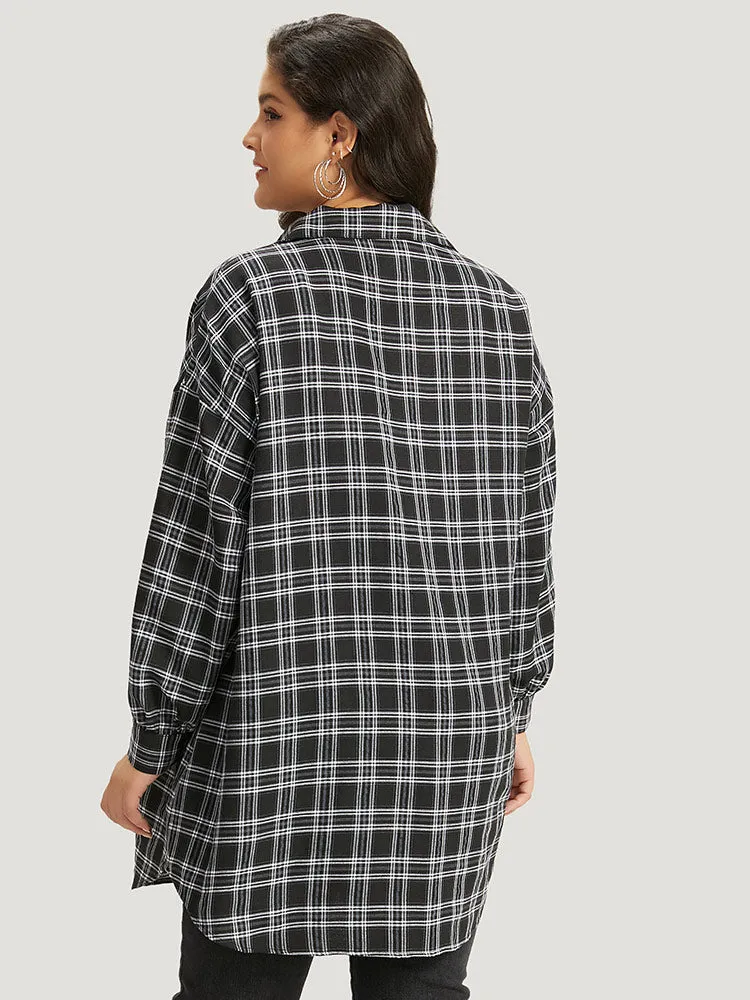Plaid Button Fly Curved Hem Shirt Collar Coat