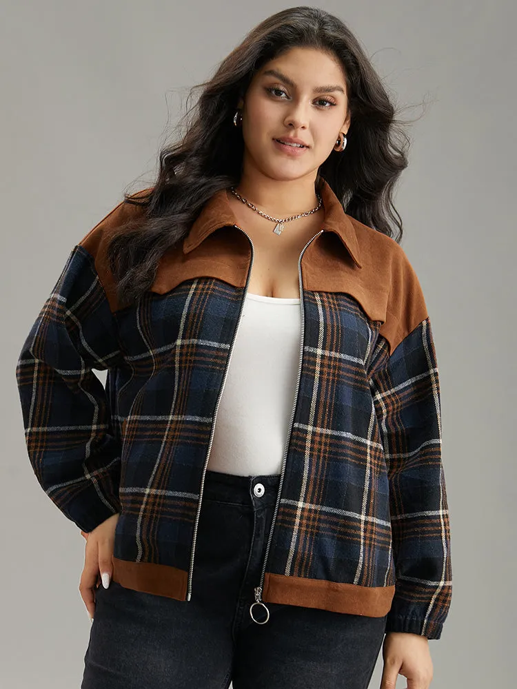 Plaid Patchwork Pocket Lapel Collar Zipper Fly Jacket