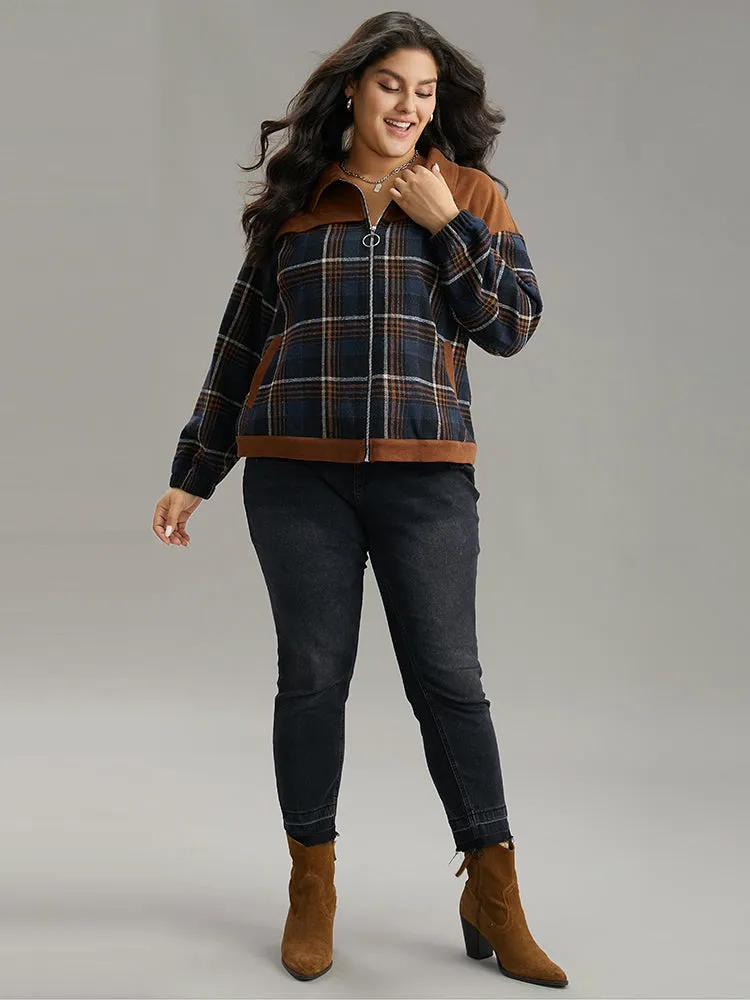Plaid Patchwork Pocket Lapel Collar Zipper Fly Jacket