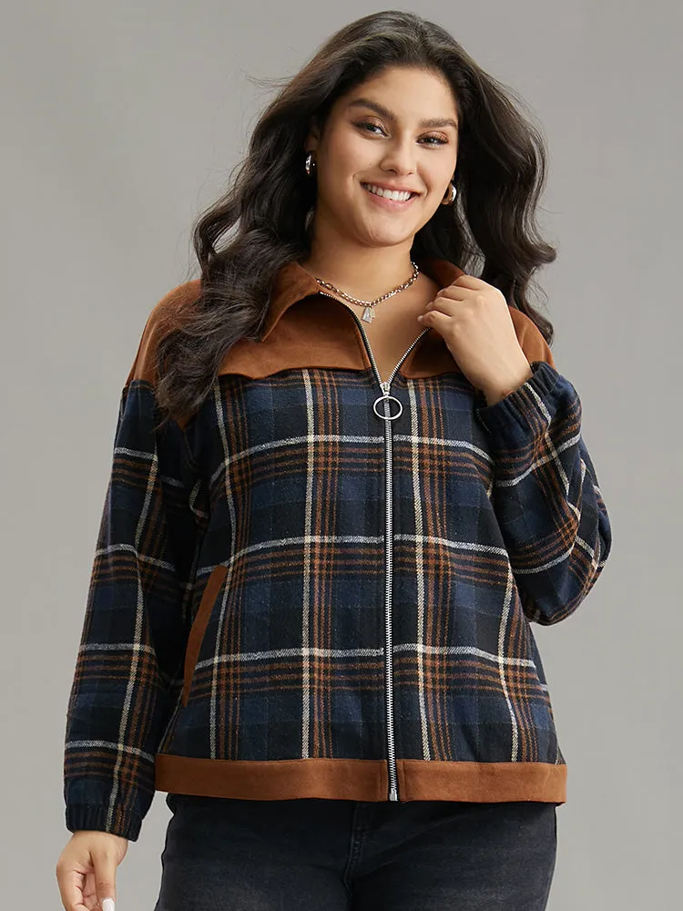 Plaid Patchwork Pocket Lapel Collar Zipper Fly Jacket
