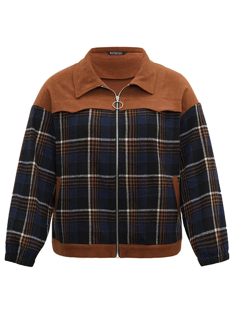 Plaid Patchwork Pocket Lapel Collar Zipper Fly Jacket