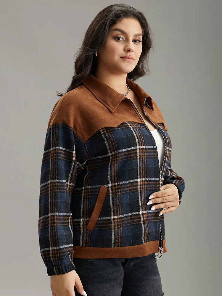 Plaid Patchwork Pocket Lapel Collar Zipper Fly Jacket