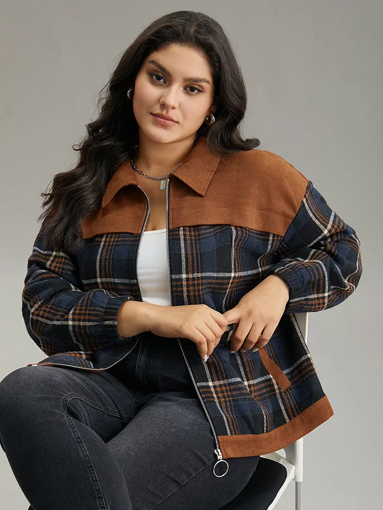 Plaid Patchwork Pocket Lapel Collar Zipper Fly Jacket