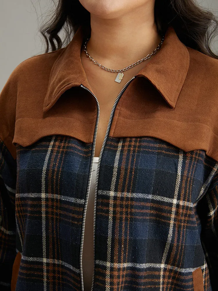 Plaid Patchwork Pocket Lapel Collar Zipper Fly Jacket
