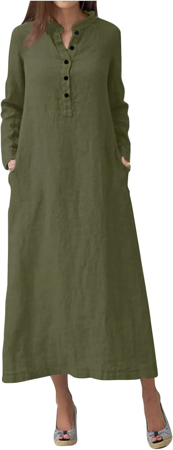 Plain Maxi Long Dress Women's Kaftan Cotton Long Sleeve Casaul Oversized Dress