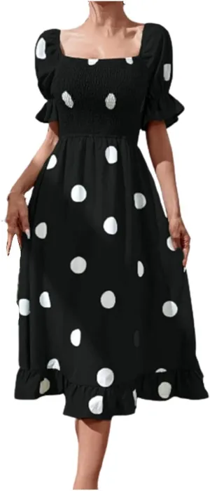 Polka Dot Maxi Dress for Women Square Neck Short Puff Sleeve Summer Midi Dress Elegant Ruffle Hem Shirred Dress 2025
