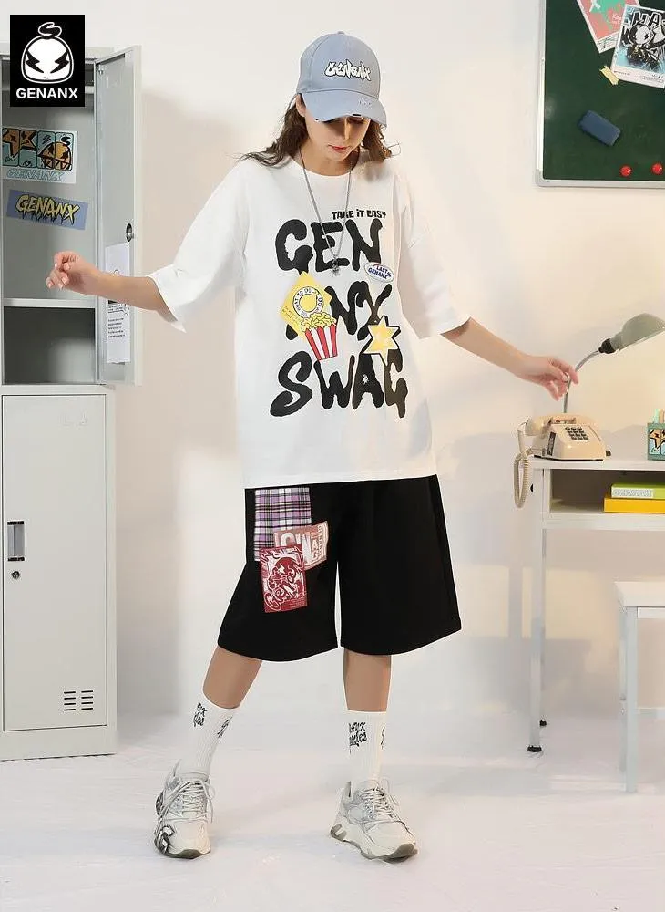 Popcorn Graffiti Spray Painting Letter Print T-Shirt