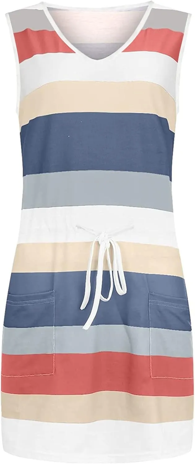 Qeaghou Summer Dresses for Women 2024 Casual Loose Sling V Neck Mini Dress Trendy Striped Drawstring Sundresses with Pockets