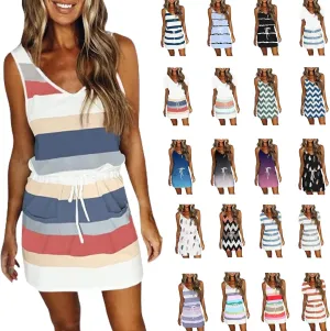 Qeaghou Summer Dresses for Women 2024 Casual Loose Sling V Neck Mini Dress Trendy Striped Drawstring Sundresses with Pockets