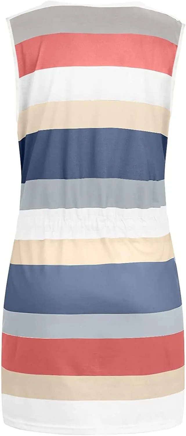 Qeaghou Summer Dresses for Women 2024 Casual Loose Sling V Neck Mini Dress Trendy Striped Drawstring Sundresses with Pockets