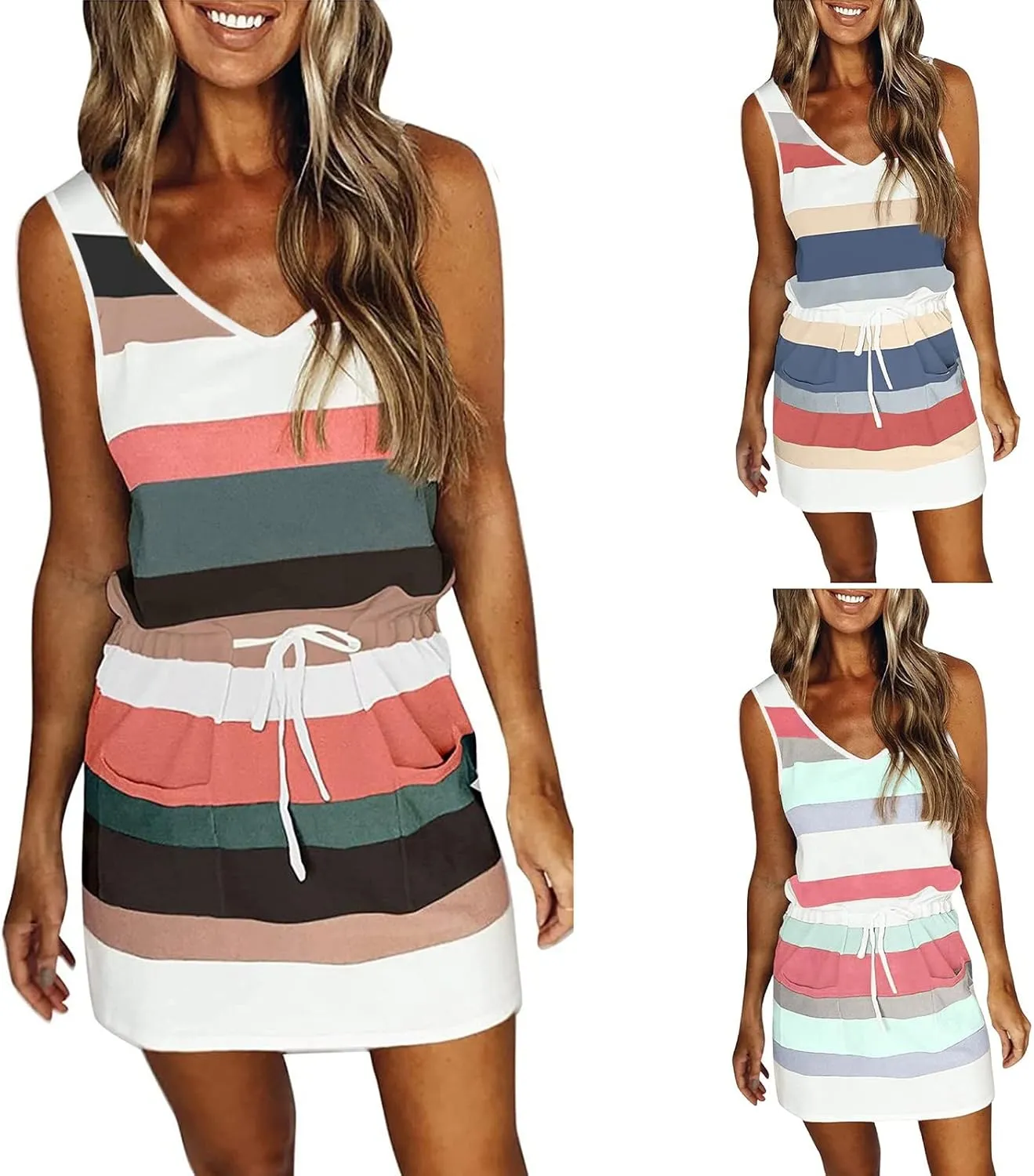 Qeaghou Summer Dresses for Women 2024 Casual Loose Sling V Neck Mini Dress Trendy Striped Drawstring Sundresses with Pockets