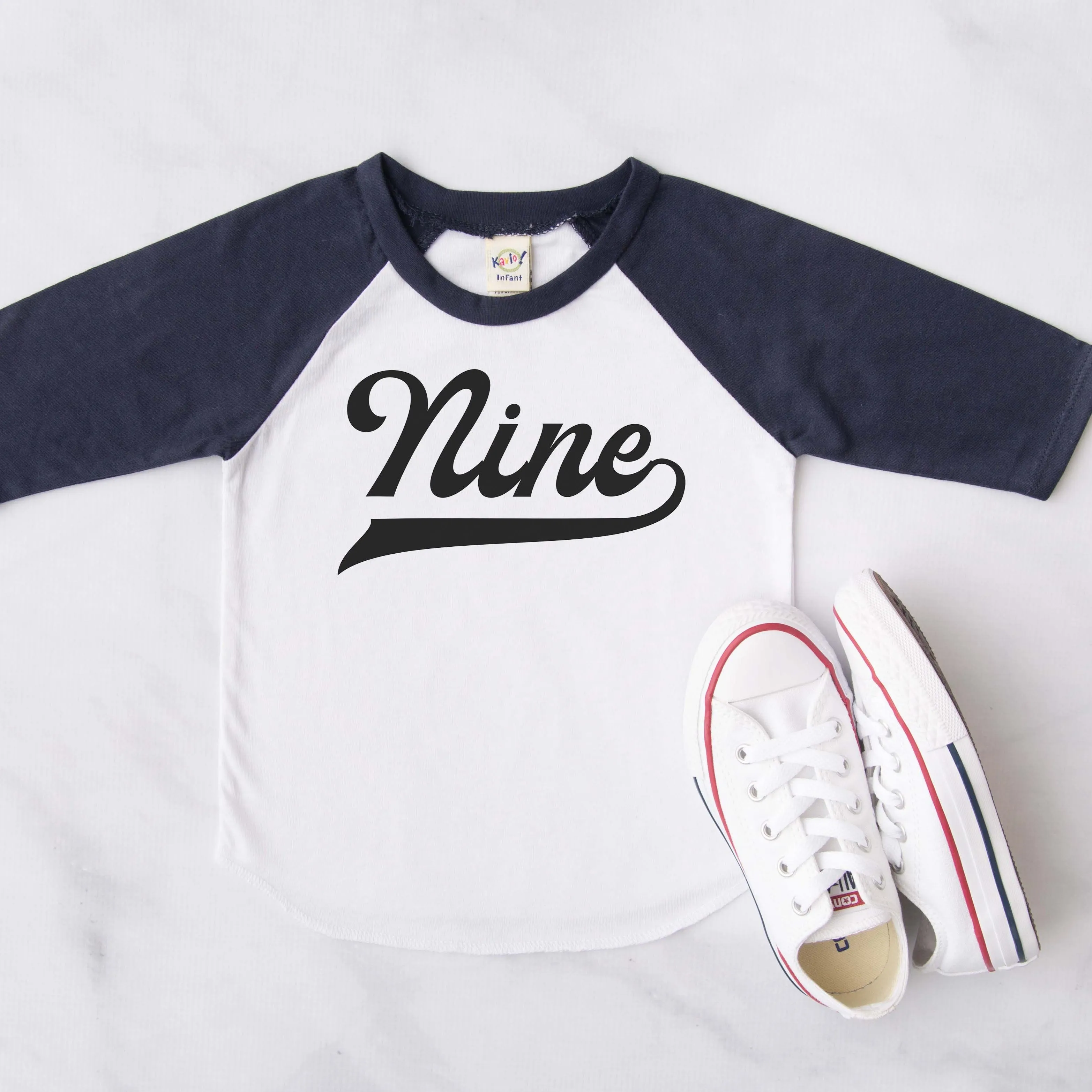 "Nine" 9th Birthday Personalized Baseball Raglan