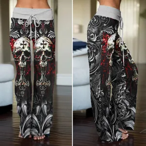 Red Cross Skull Art Women's High-waisted Wide Leg Pants