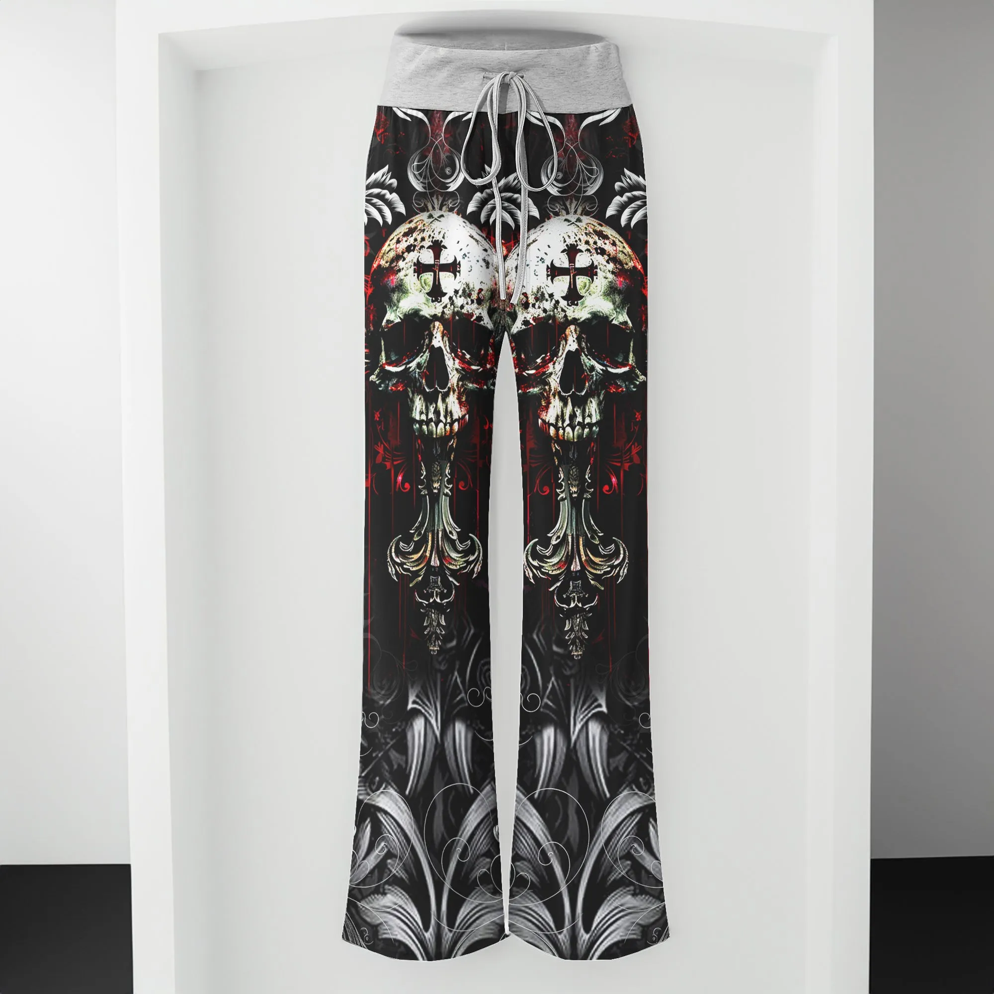 Red Cross Skull Art Women's High-waisted Wide Leg Pants