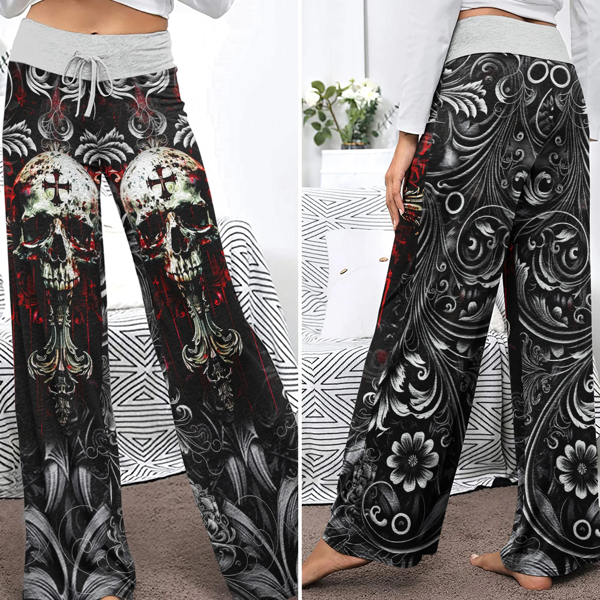 Red Cross Skull Art Women's High-waisted Wide Leg Pants