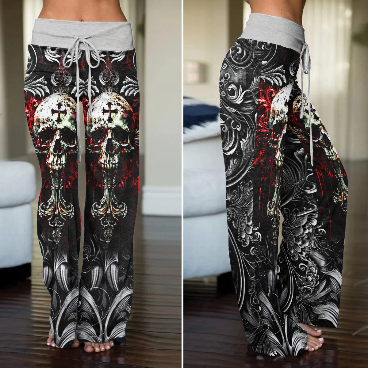 Red Cross Skull Art Women's High-waisted Wide Leg Pants